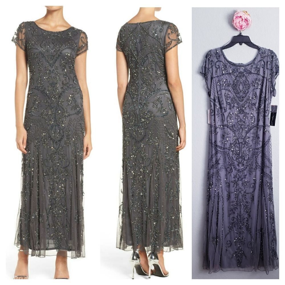 Pisarro Nights Smoke Gray Beaded Mesh Dress